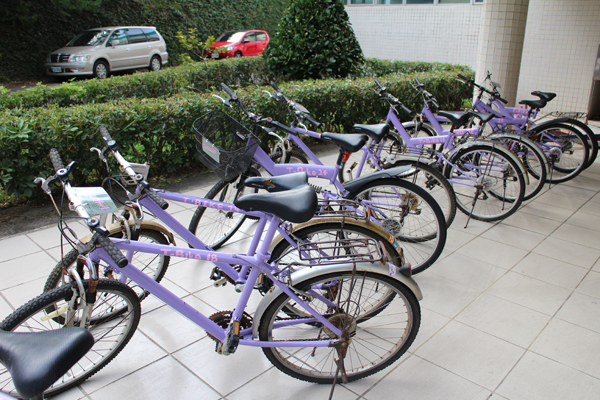 車體粉紫，印有「T-BIKE」的清華愛心自行車，22 日起將穿梭清華校園。