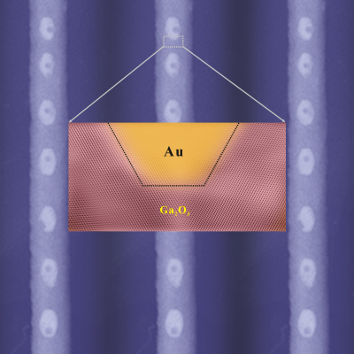 高分辨電子顯微鏡示意圖，顯示一維金屬-絕緣體(金-氧化鎵)異質單晶結構奈米線，此一金-氧化鎵奈米複合材料，極有潛力成為下世代光學電腦的基本建構單元。
