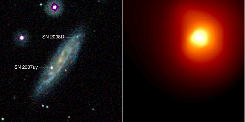 在2008年1月9日，美國太空總署的Swift太空望遠鏡發現一個強烈的X光爆在旋渦星系NGC2770裡面。數日後，一顆名為SN2008D的超新星出現在可見光影像。左圖為可見光影像; 右圖則為X光影像。圖片鳴謝: NASA/Swift Science Team/Stefan Immler.