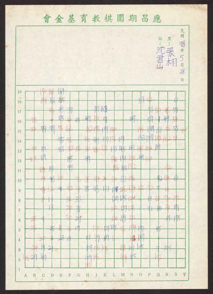 沈君山校長義子、旅日棋士張栩先生9歲時與沈校長對弈之圍棋記譜紙