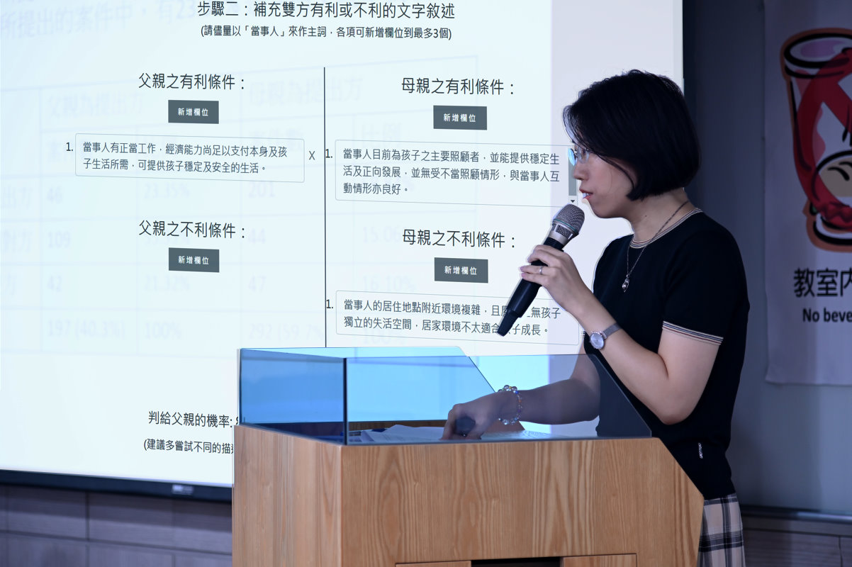 清華科法所副教授林昀嫺於「人工智慧對人文社會帶來的挑戰與機會」工作坊發表AI輔助監護權判決預測系統