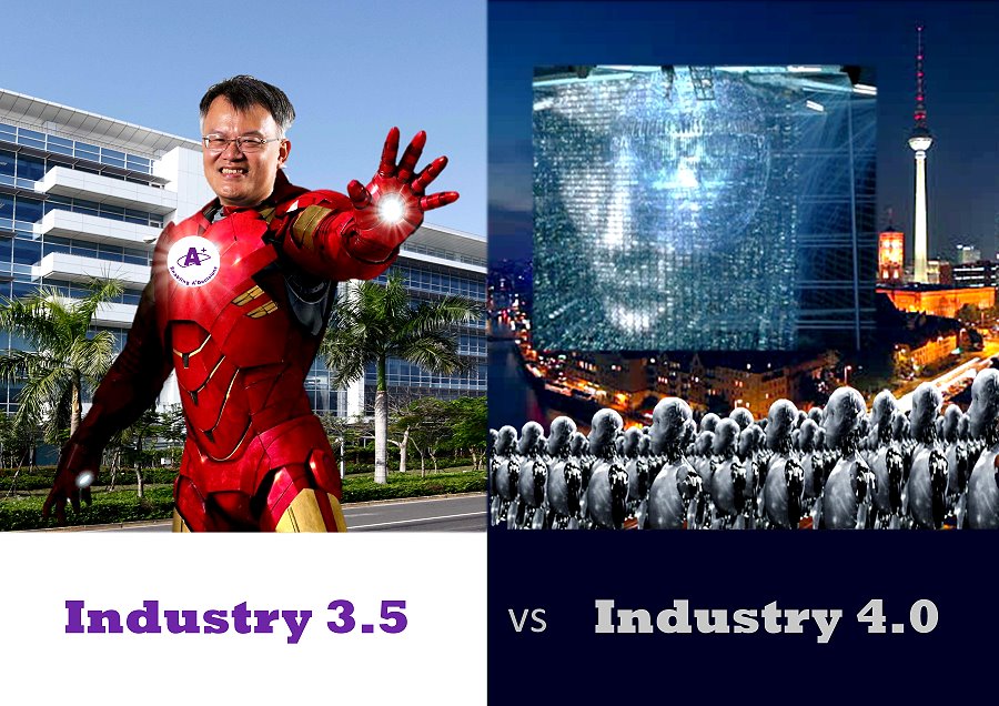 簡禎富教授用鋼鐵人和機器人來比喻「工業3.5」和工業4.0的差異，學生特別做成海報