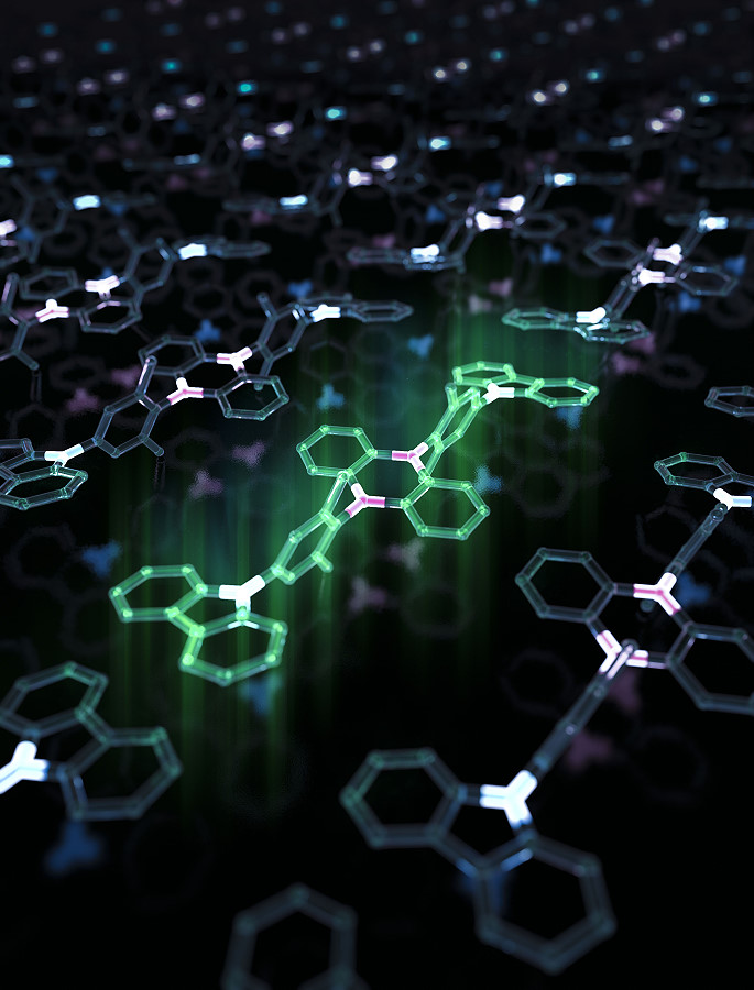 雙硼材料分子結構與發光圖