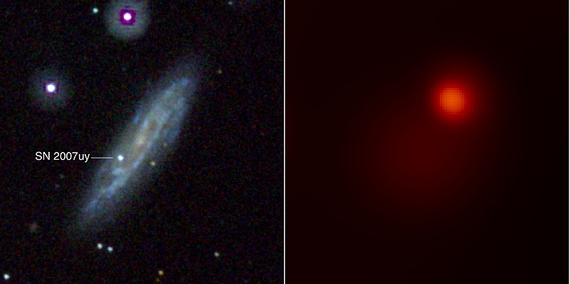 Swift太空望遠鏡在超新星爆發前所拍攝的可見光(左圖)和X光(右圖)影像。圖片鳴謝: NASA/Swift Science Team/Stefan Immler.