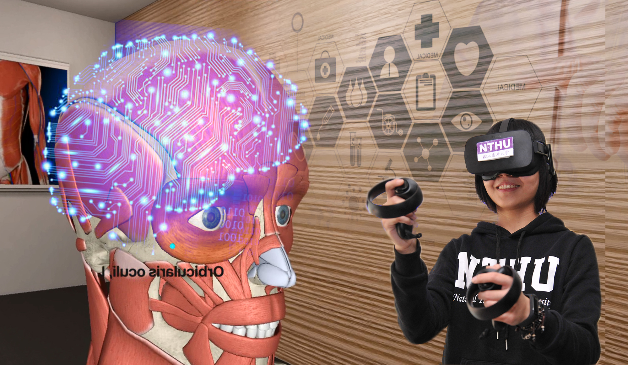 本校醫學科學系學生使用頭戴式VR眼罩及手持式搖桿就可以放大、縮小及旋轉檢視人體器官細節
