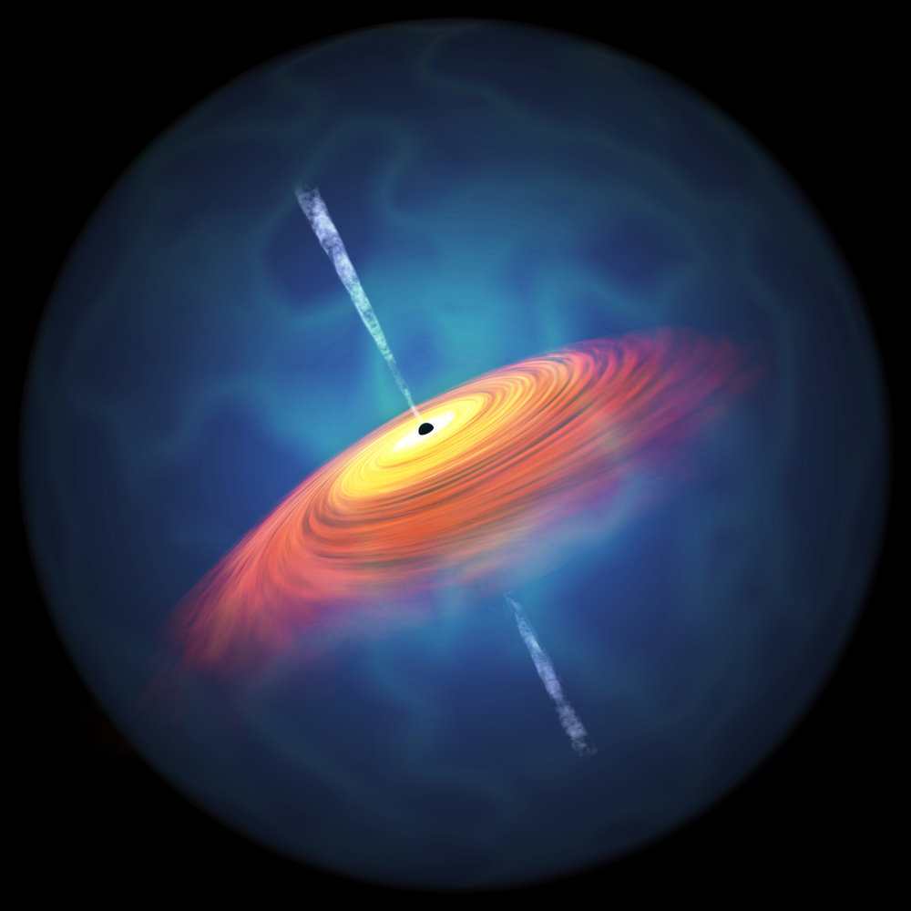 本校天文所後藤友嗣副教授以圖片示意，尋找超大質量黑洞(黑點)的有效方法，就是觀測黑洞吞噬周圍物質過程中，發出明亮光芒的「類星體」(Quasar)