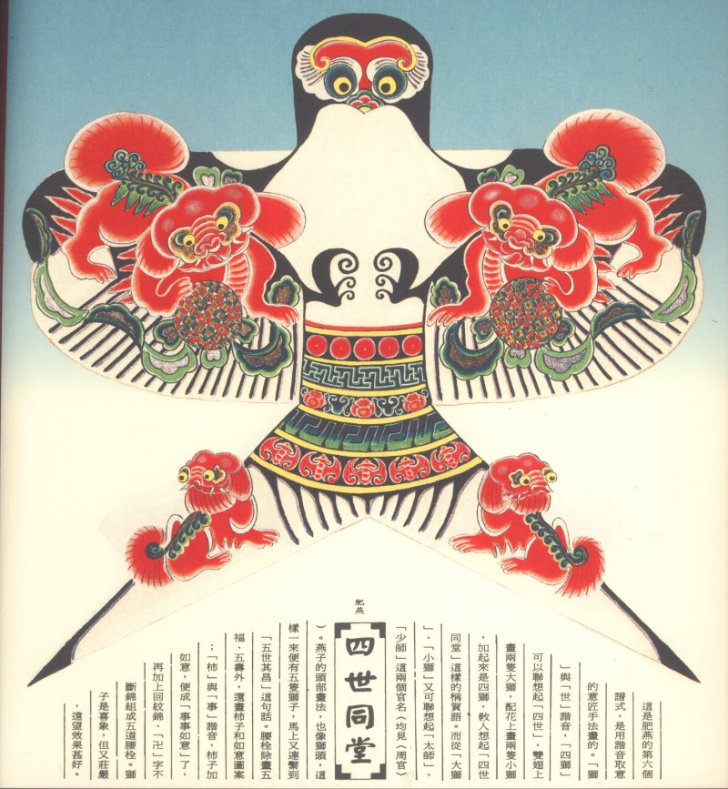 「肥燕－四世同堂」風箏，在雙翅及尾巴畫上獅子，取「獅」與「世」諧音，象徵家族繁盛