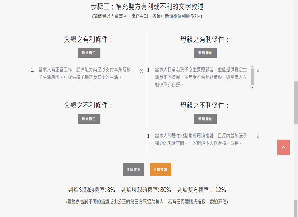 本校AI輔助監護權判決預測系統示意圖，使用者可自行補充案情相關敘述