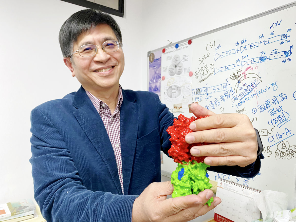 清華醫科系吳夙欽教授表示，遮住病毒的「臉」(紅色部分)，就可騙過免疫細胞，達到通殺效果