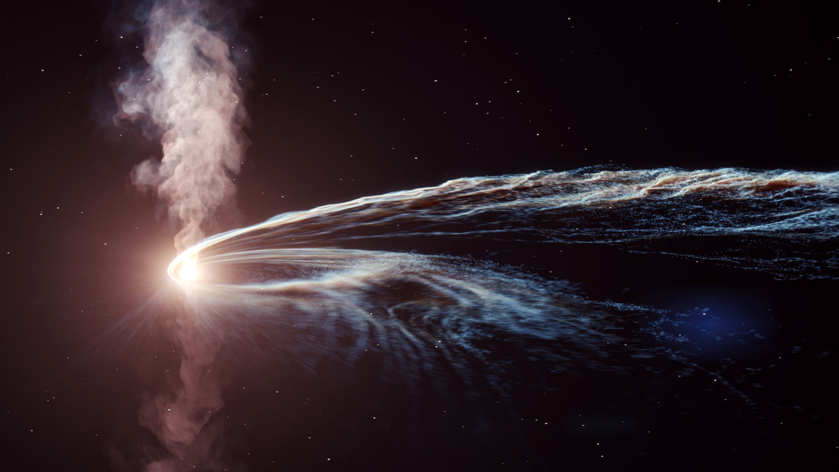 2019年海豚星座一恆星被黑洞撕裂後噴發出粒子流模擬圖