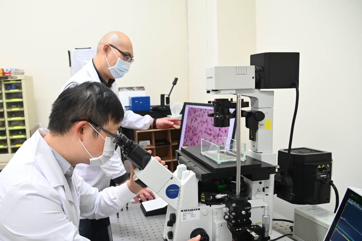 賴俊延博士(前)以顯微鏡觀察實驗結果