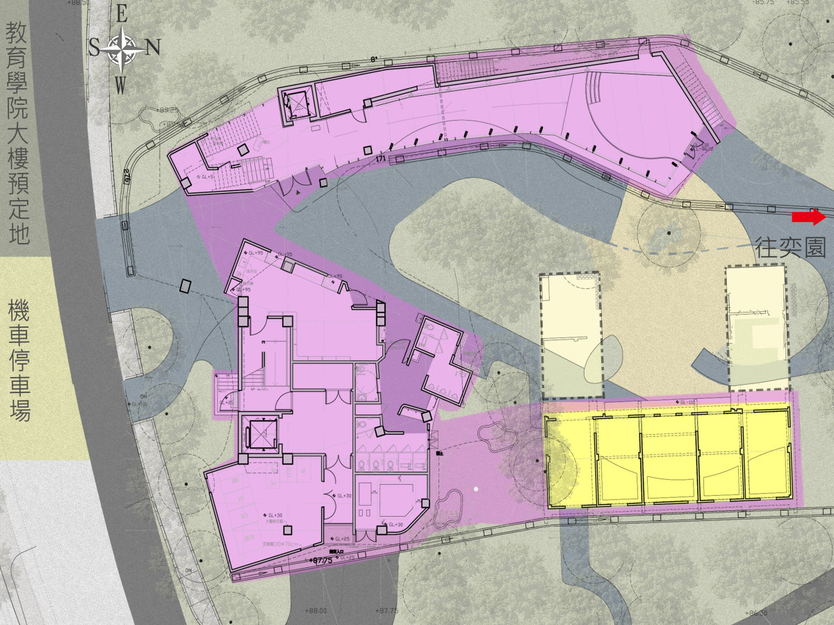 文物館模擬圖，保留老三合院主牆(黃色區塊)，加入新建的典藏室和展演中心(紫色區塊)，成為新三合院