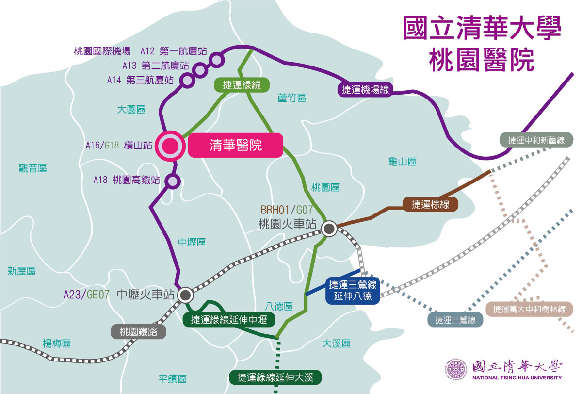 清華大學桃園醫院距離機捷A16橫山站僅4百公尺，未來也是機場捷運與捷運綠線的交會站點