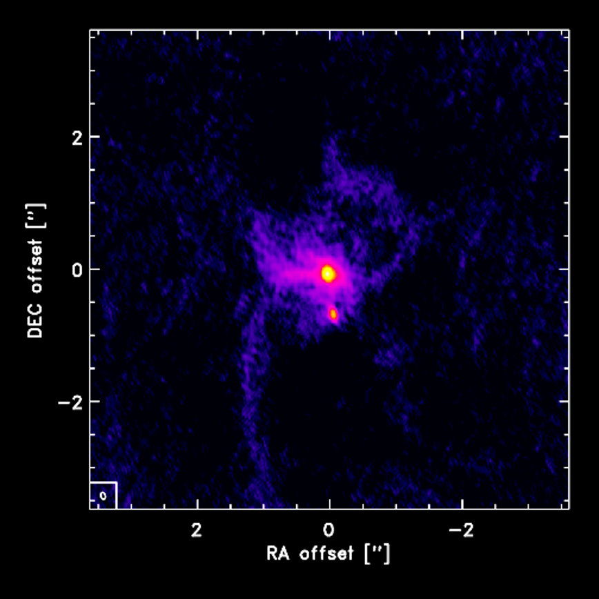 研究團隊使用ALMA望遠鏡觀測兩個恆星(一大一小的黃色點)互繞的聯星系統