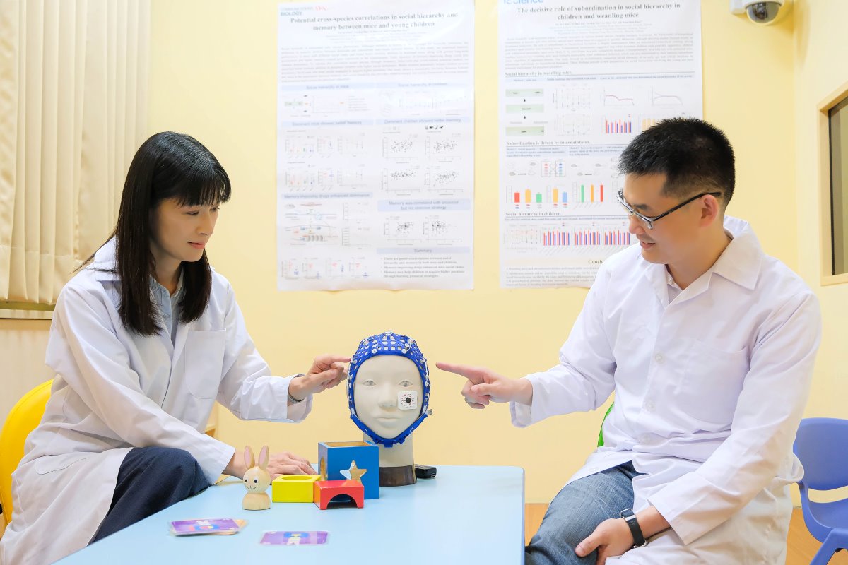 本校幼教系周育如副教授(左)與系神所郭崇涵助理教授進行幼兒與幼鼠社交階級的跨物種研究