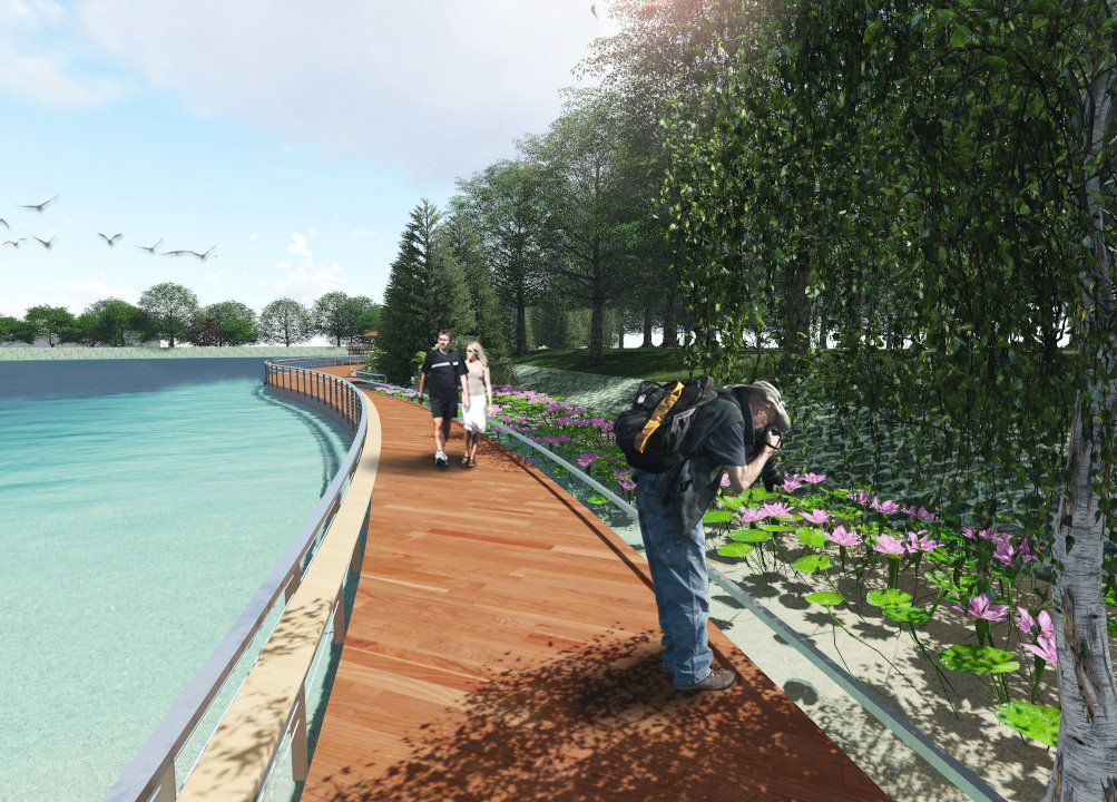 環湖生態步道設計示意圖。步道與工研院圍牆間水域將栽植水生植物