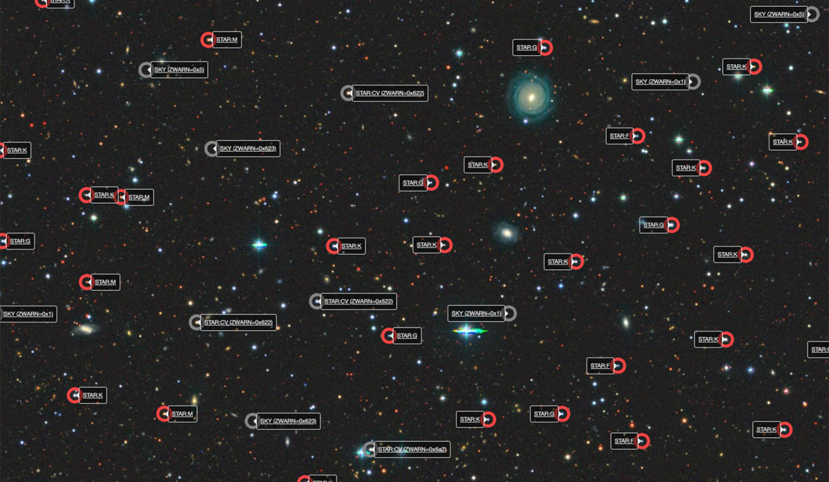 圖為本次發布數據中的一小部分，每個紅圈都代表一顆恆星，點進去可看到大量天文訊息。圖片來源／DESI Legacy Imaging Survey, D. Lang (Perimeter Institute)